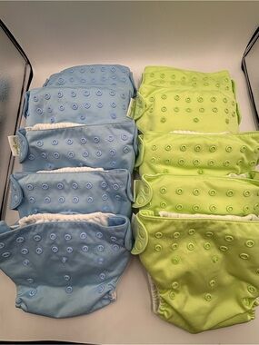10 BumGenius Cloth Diapers W 8 Double Inserts Blue/Green  One Size Pre-owned